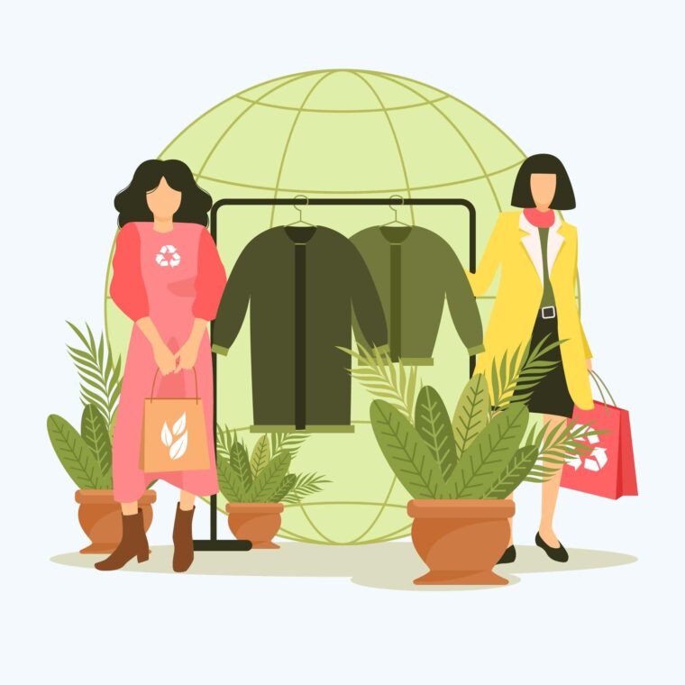 Cartoon graphic of two women shopping for sustainable clothing