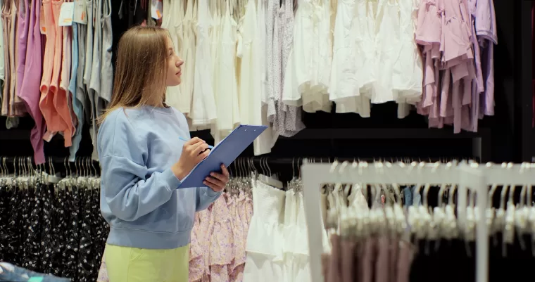 Woman doing stock checks in her fashion retail shop.