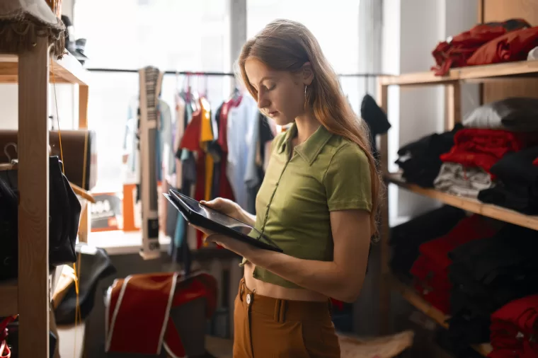 Woman reviewing inventory in a fashion business