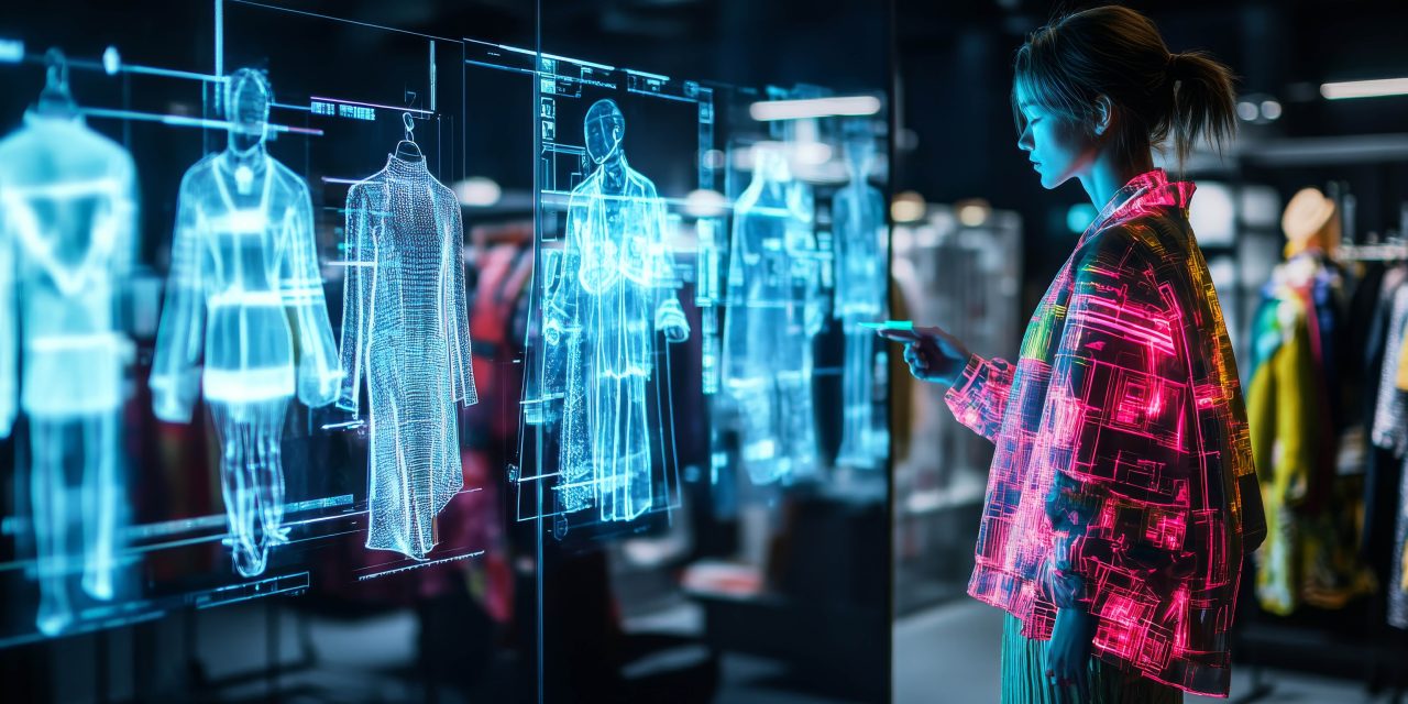 AI clothing presented in a darkened showroom