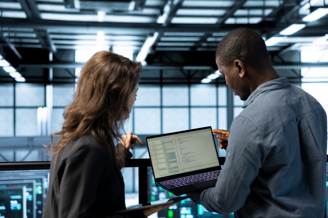 Two colleagues reviewing some data on a laptop